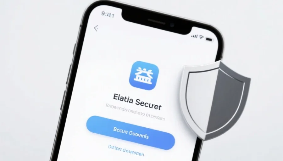 一部现代智能手机屏幕上显示极悦应用的安全下载界面,旁边有安全盾牌图标,背景简洁