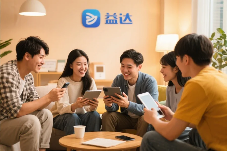 一群年轻用户围坐在一起，使用平板和手机愉快地交流，背景温馨现代，象征极悦应用的社区活跃氛围